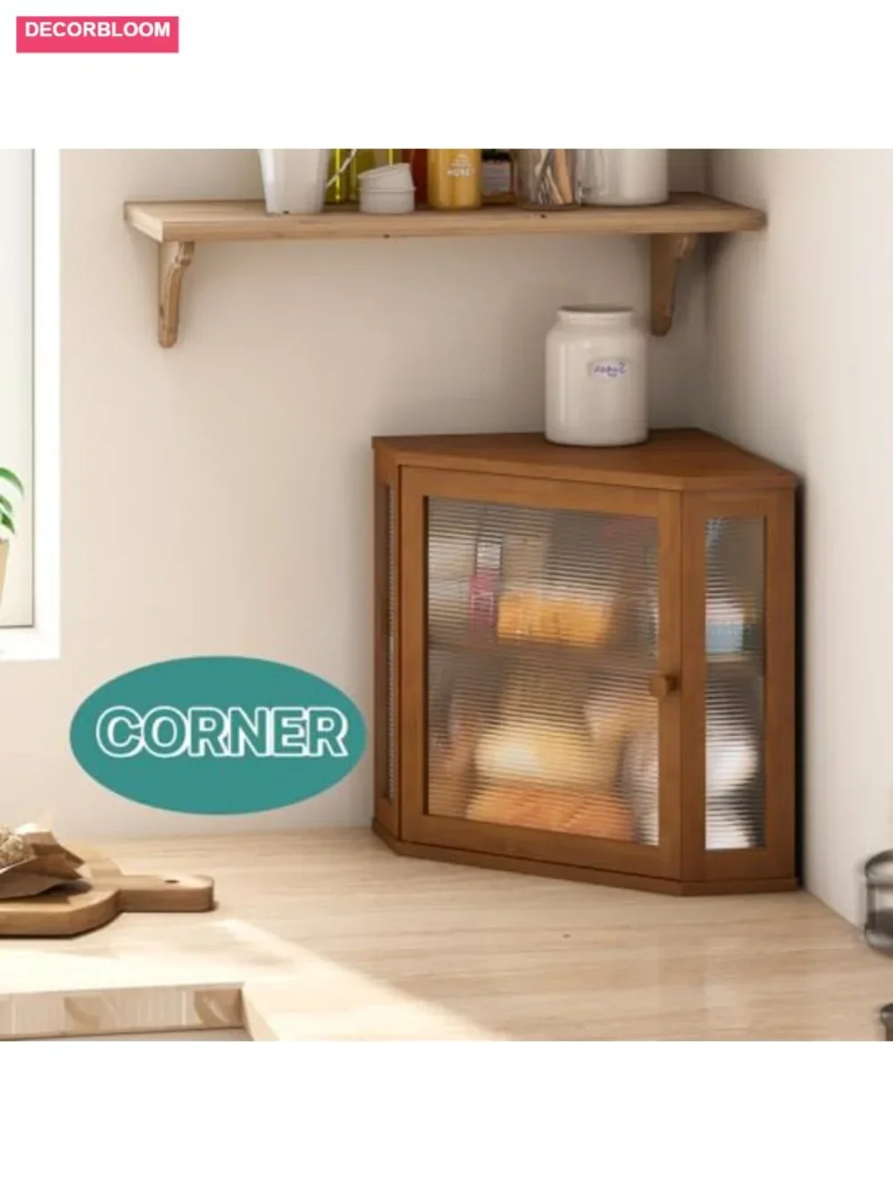 Corner Bread Box Large Capacity Bamboo Wood Kitchen Counter Storage with